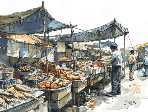 Bustling Seafood Market: Vendors Showcase an Array of Marine Delicacies in a Vibrant, Animated Setting