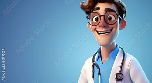 A 3D style male doctor wearing a stethoscope, smiling and crossing his hands at the chest