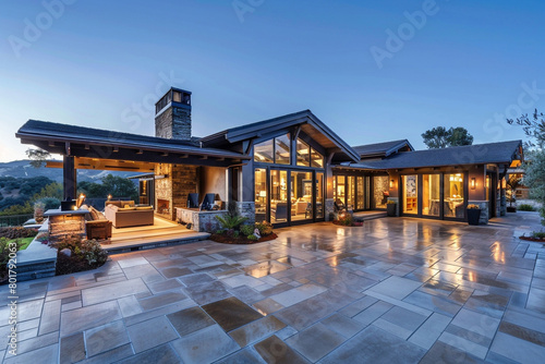 A sprawling Craftsman ranch with an open floor plan, large glass doors, and a seamless indoor-outdoor living space, nestled in a tranquil valley.