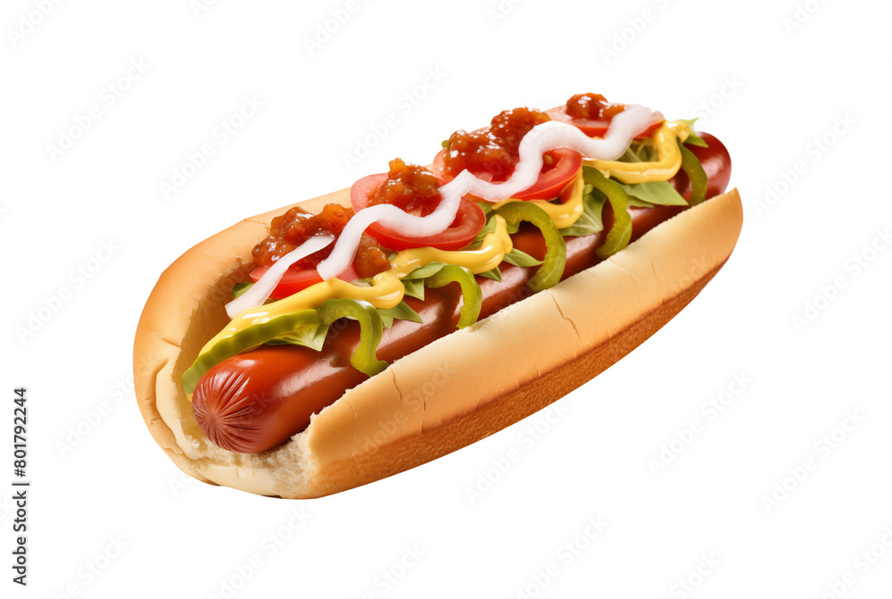 Loaded hot dog with a grilled sausage, mustard, ketchup, onions, and pickles in a toasted bun, isolated on transparent background. Generative AI Loaded hot dog with a grilled sausage, mustard, ketchup, onions, and pickles in a toasted bun, isolated on transparent background. Generative AI