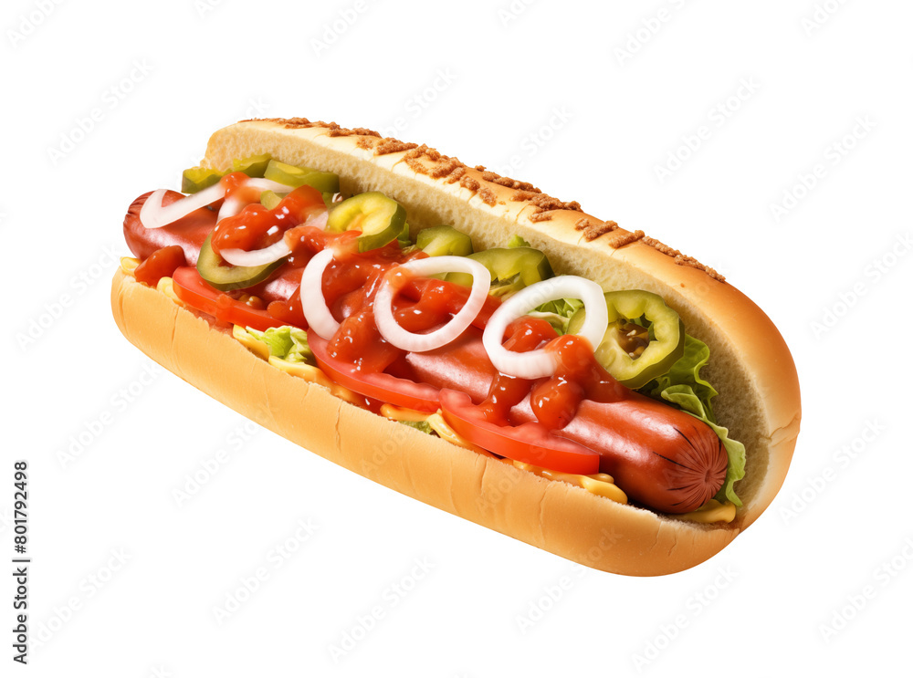 Loaded hot dog with a grilled sausage, mustard, ketchup, onions, and pickles in a toasted bun, isolated on transparent background. Generative AI Loaded hot dog with a grilled sausage, mustard, ketchup, onions, and pickles in a toasted bun, isolated on transparent background. Generative AI