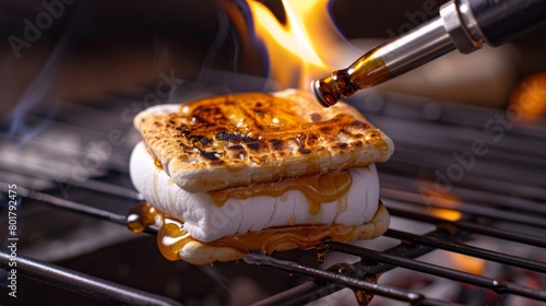 A handheld blowtorch being used to caramelize the marshmallow before adding it to the smore adding an extra layer of richness and flavor. photo