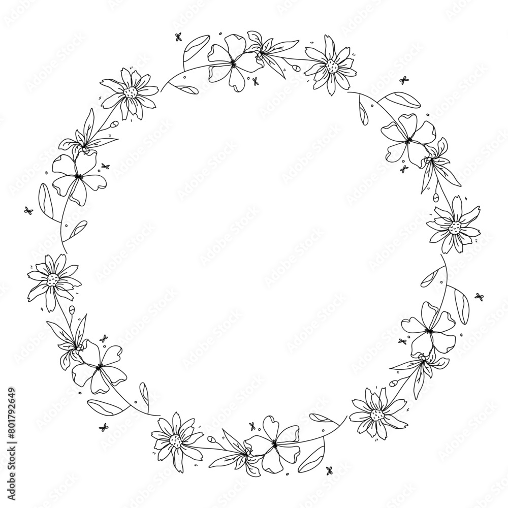 Hand drawn floral wreath on white background