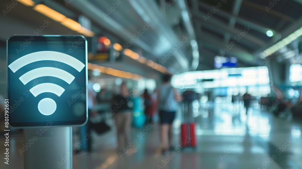 The image shows a digital signage displaying a Wi-Fi symbol in the airport. The image shows a digital signage displaying a Wi-Fi symbol in the airport.