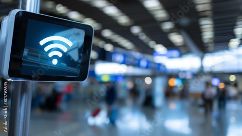 The image shows a digital signage displaying a Wi-Fi symbol in the airport.