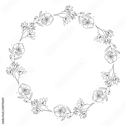 Hand drawn floral wreath on white background