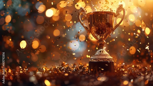 golden trophy cup with confetti on bokeh background