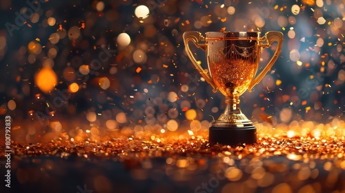 golden trophy cup with confetti on bokeh background