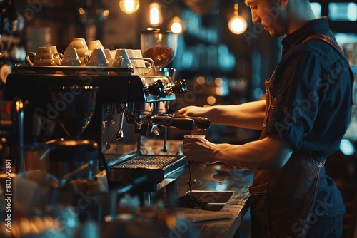 Handsome young barista pours milk froth into latte art coffee cup to decorate it beautifully appetizing mellow together with beautiful barista staff serving customers in the coffee cafe. photo
