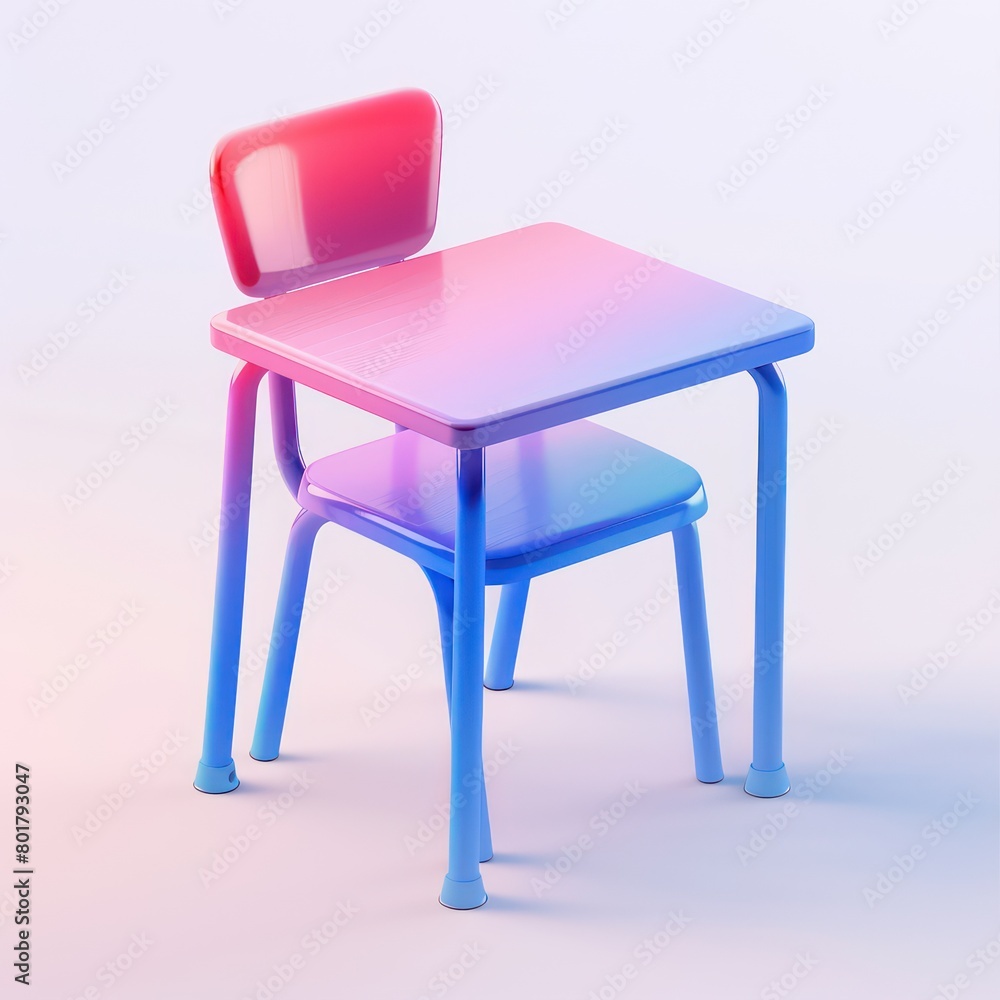 school classroom table with a chair. red and blue gradient colors, White background school classroom table with a chair. red and blue gradient colors, White background