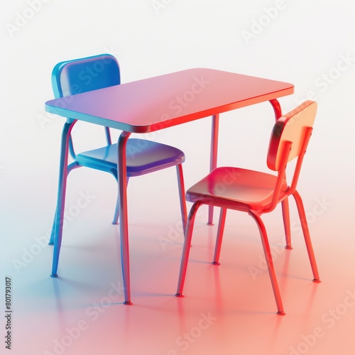school classroom table with a chair. red and blue gradient colors  White background
