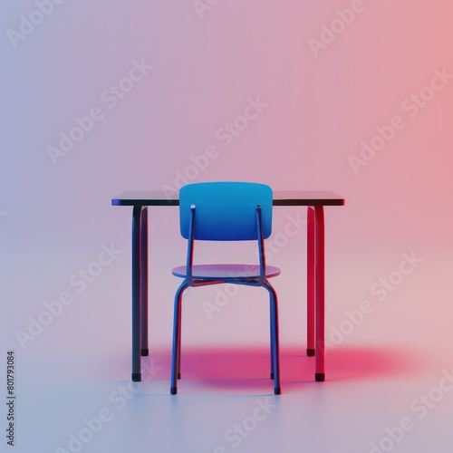 school classroom table with a chair. red and blue gradient colors  White background