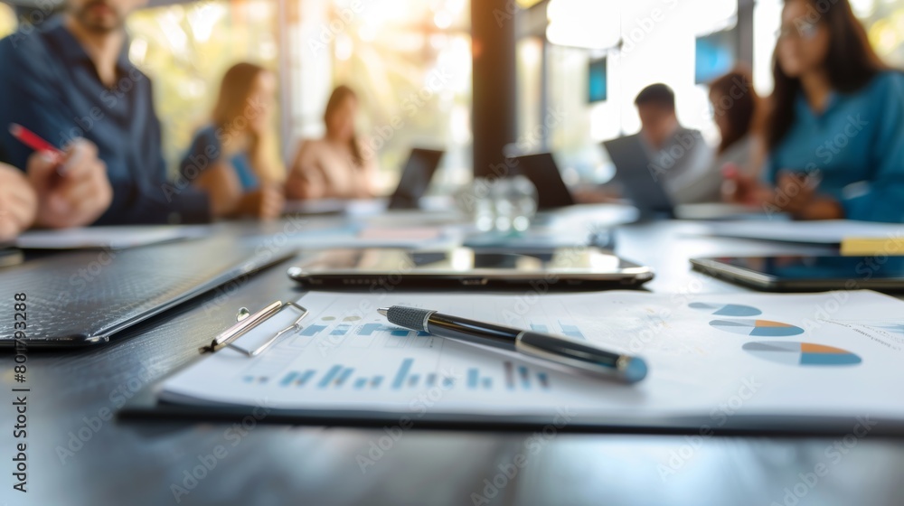 A diverse team of professionals engaged in a meeting at a modern office, discussing charts and data. A diverse team of professionals engaged in a meeting at a modern office, discussing charts and data.