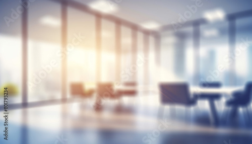 Beautiful blurred background of a light modern office interior with panoramic windows and beautiful lighting. © Tranh