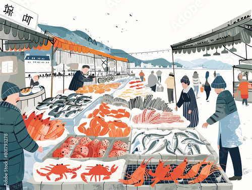 Overflowing Seafood Market Brimming with Animated Ocean Delights