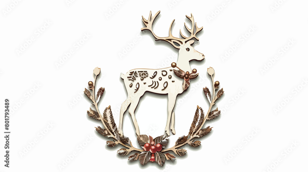 Wooden reindeer with Christmas wreath on white background
