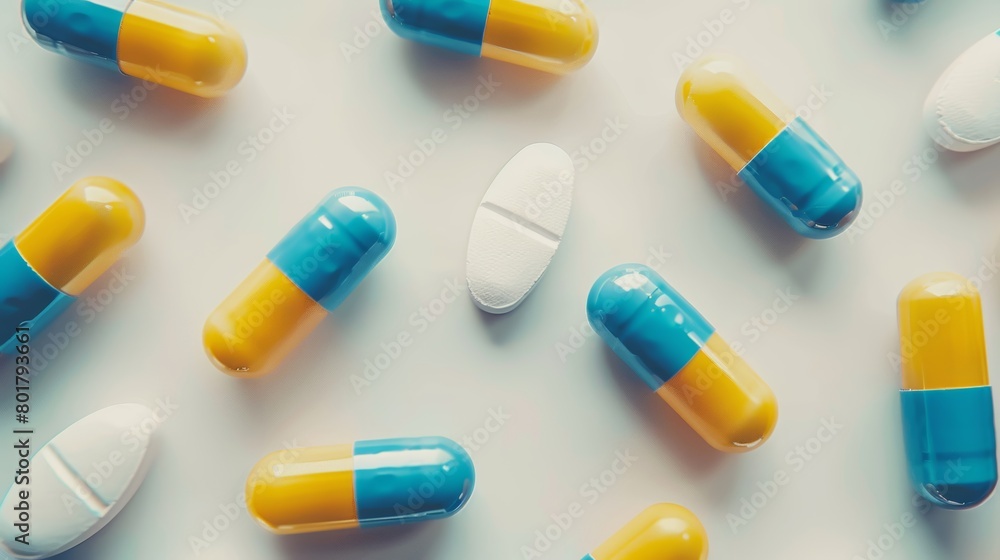 Assorted medical capsules and a white tablet in a soft lit environment. Assorted medical capsules and a white tablet in a soft lit environment.