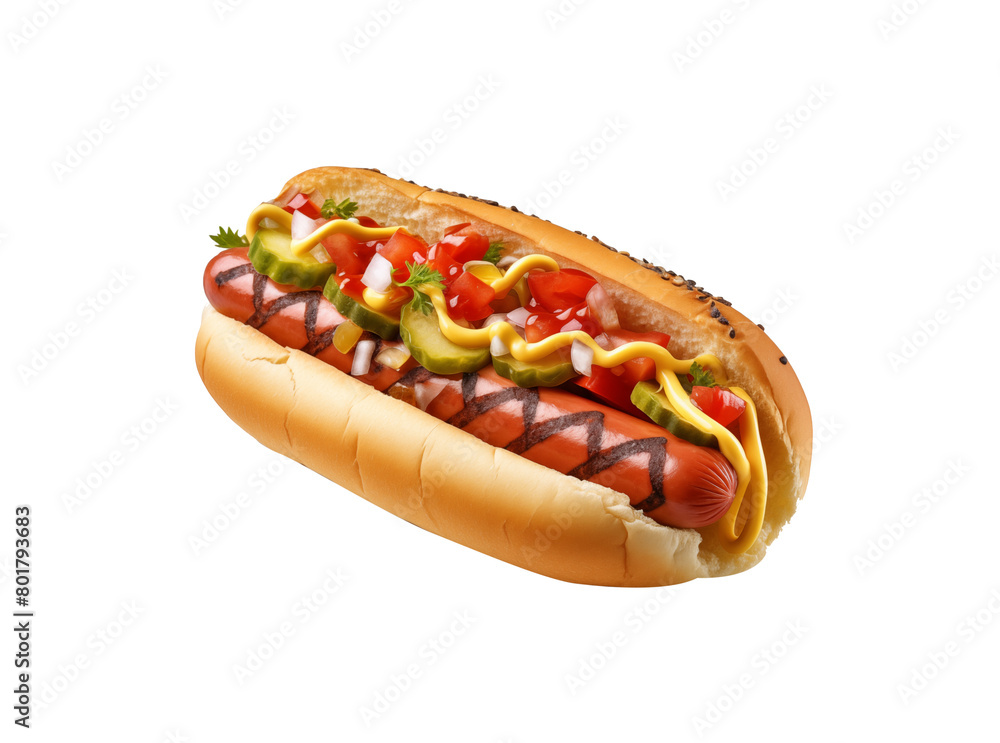 Loaded hot dog with a grilled sausage, mustard, ketchup, onions, and pickles in a toasted bun, isolated on transparent background. Generative AI Loaded hot dog with a grilled sausage, mustard, ketchup, onions, and pickles in a toasted bun, isolated on transparent background. Generative AI
