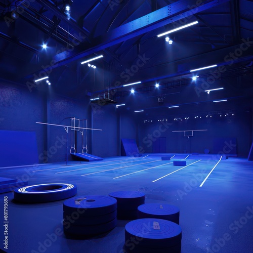 gymnastic arena, night light, blue colors