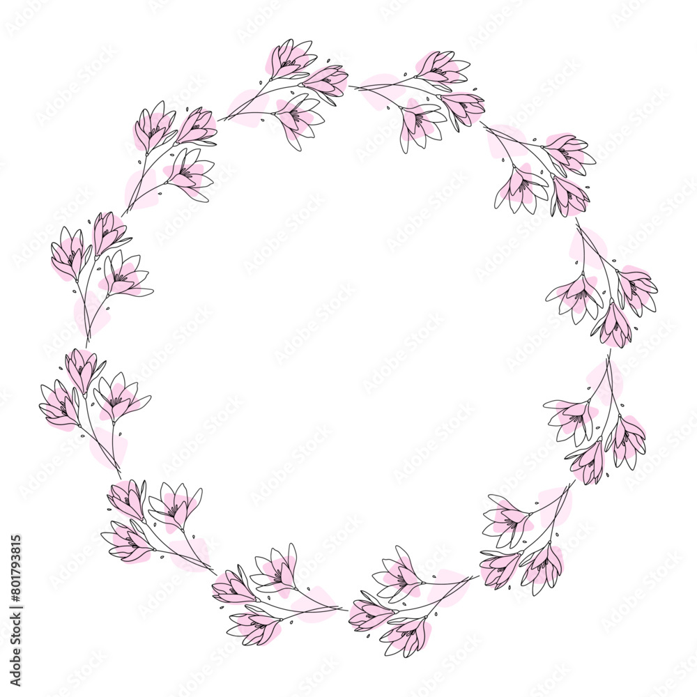Hand drawn flowers wreath frame on white background Hand drawn flowers wreath frame on white background