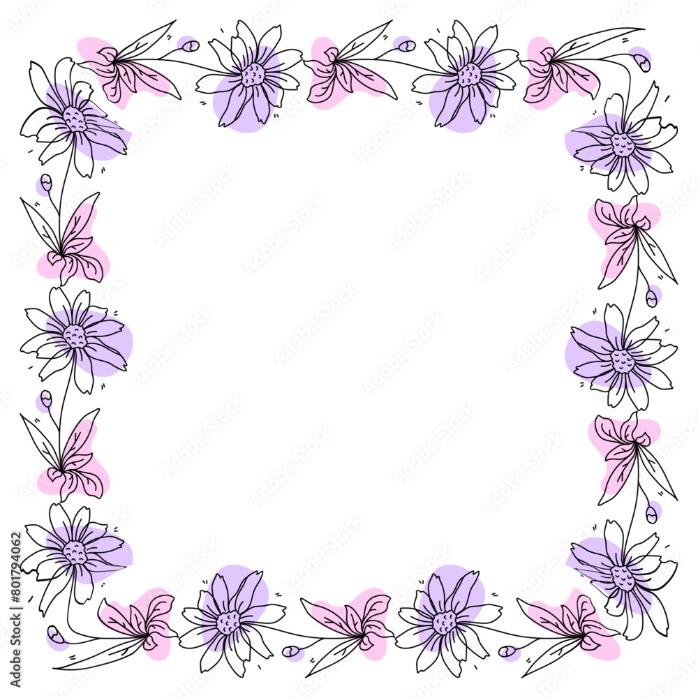 Hand drawn flowers wreath frame on white background Hand drawn flowers wreath frame on white background