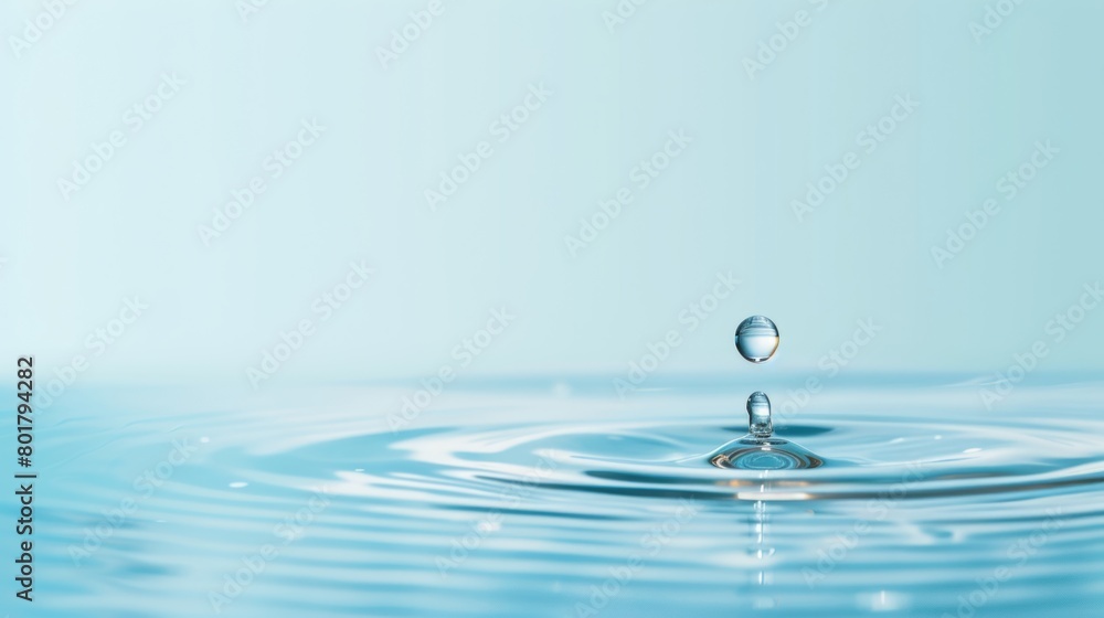 A single water drop falling into calm blue water, creating a serene ripple effect.