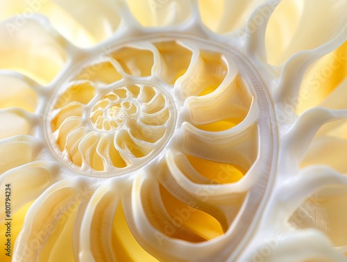 Close-up of a nautilus shell revealing its natural spiral and chamber pattern with soft yellow and white tones.