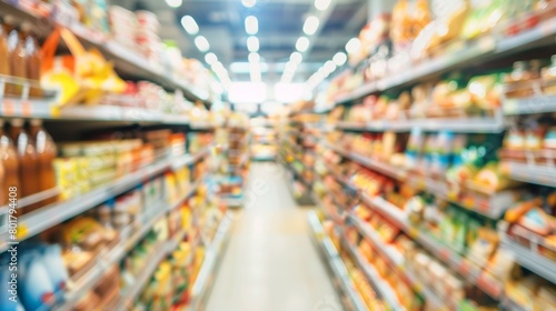 Abstract blurred image of a supermarket aisle, depicting a typical grocery shopping environment.