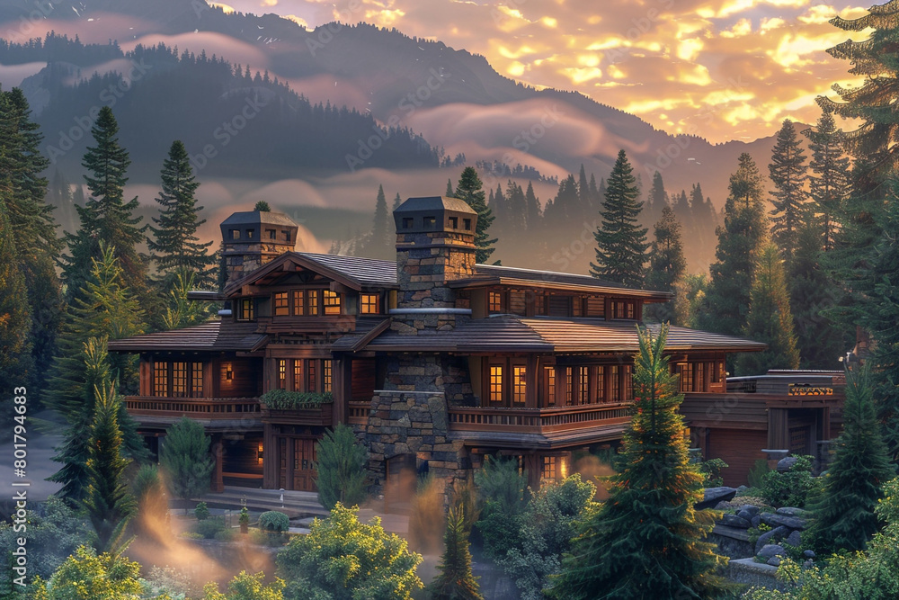 A 3D render of a classic American Craftsman house at sunrise in the Pacific Northwest, surrounded by towering evergreens and misty mountains, with a rich wooden exterior and stone accents. A 3D render of a classic American Craftsman house at sunrise in the Pacific Northwest, surrounded by towering evergreens and misty mountains, with a rich wooden exterior and stone accents.