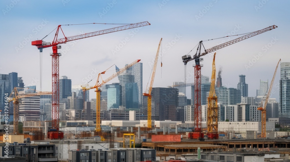 Tower cranes rise above a construction site, stark against the bustling city skyline in the background