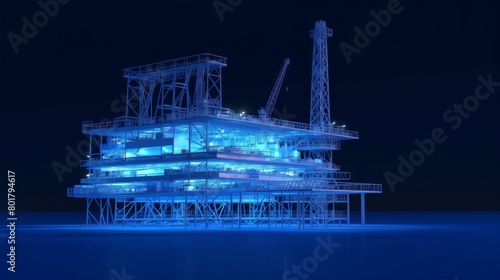 The sleek architecture of an offshore oil platform is showcased in radiant blue lighting in this futuristic 3D render