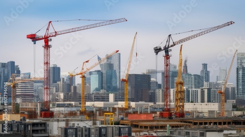 Tower cranes rise above a construction site, stark against the bustling city skyline in the background