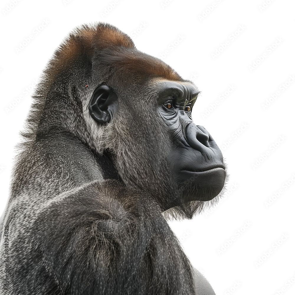 Obraz premium Intense close-up portrait of a gorilla against a pristine white backdrop.