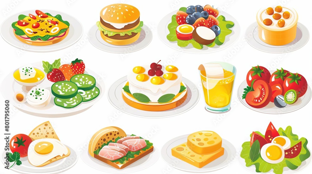 Set of different breakfast, lunch and dinner isolated on white background Collection of cartoon appetizing fresh food and drink vector graphic illustration Tasty colorful serving dish