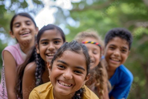 Portrait of a group of children smiling in the park. Selective focus.