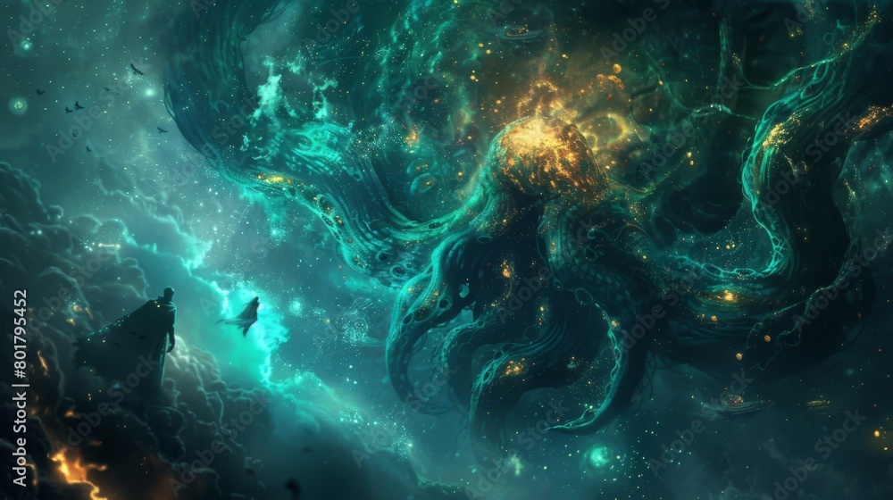 In the depths of a nebula a group of space travelers encounters a giant creature with luminous tentacles and golden eyes floating . . In the depths of a nebula a group of space travelers encounters a giant creature with luminous tentacles and golden eyes floating . .
