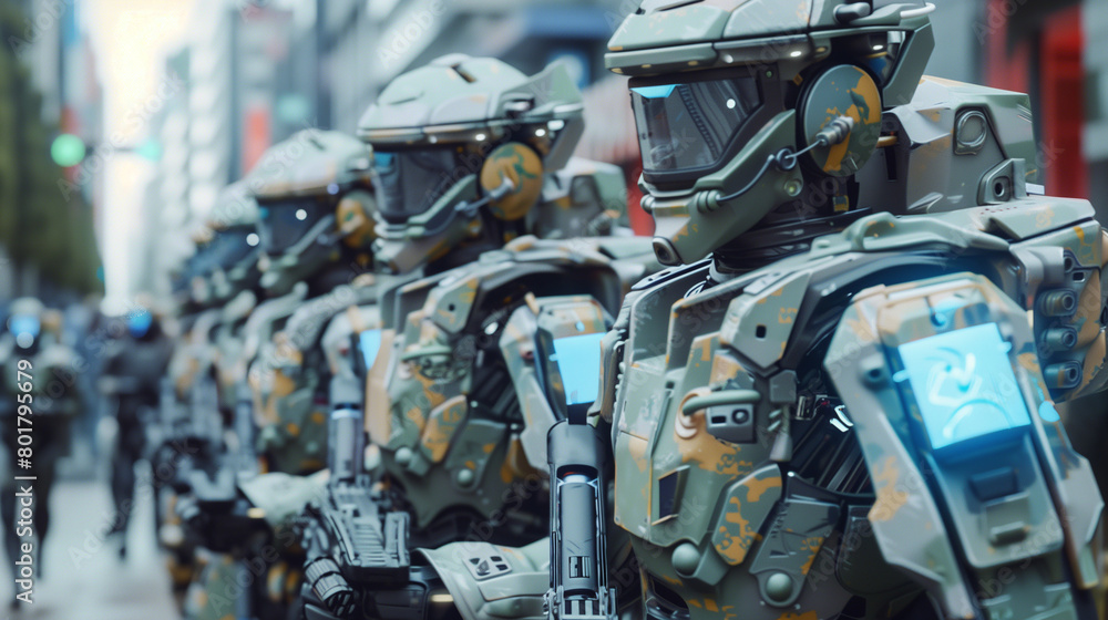 Humanoid security military police robot in city Humanoid security military police robot in city