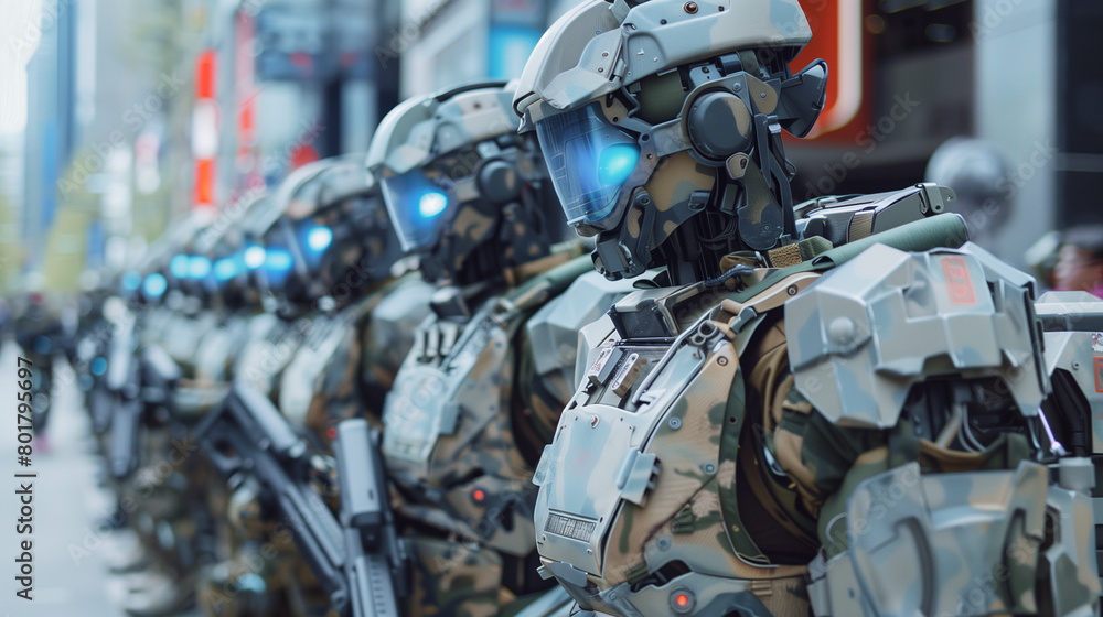 Humanoid security military police robot in city