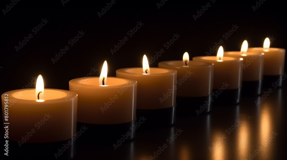 A row of candles flickering rhythmically in a dark, serene setting, ideal for themes of meditation and relaxation A row of candles flickering rhythmically in a dark, serene setting, ideal for themes of meditation and relaxation