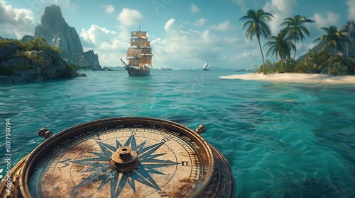 A compass pointing towards a distant island, symbolizing exploration and discovery. photo