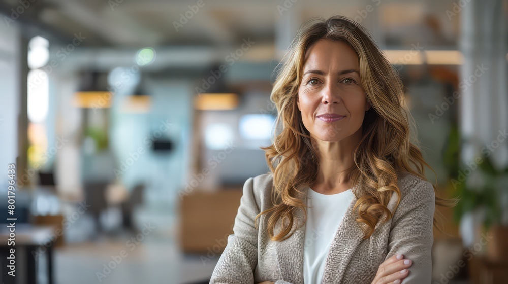 woman in modern high-tech office, talking to camera 