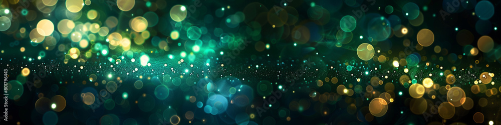 Cool Jade Green Optical Bokeh Lights with Sparkle Dust on Dark Abstract Background, High-Definition Effect
