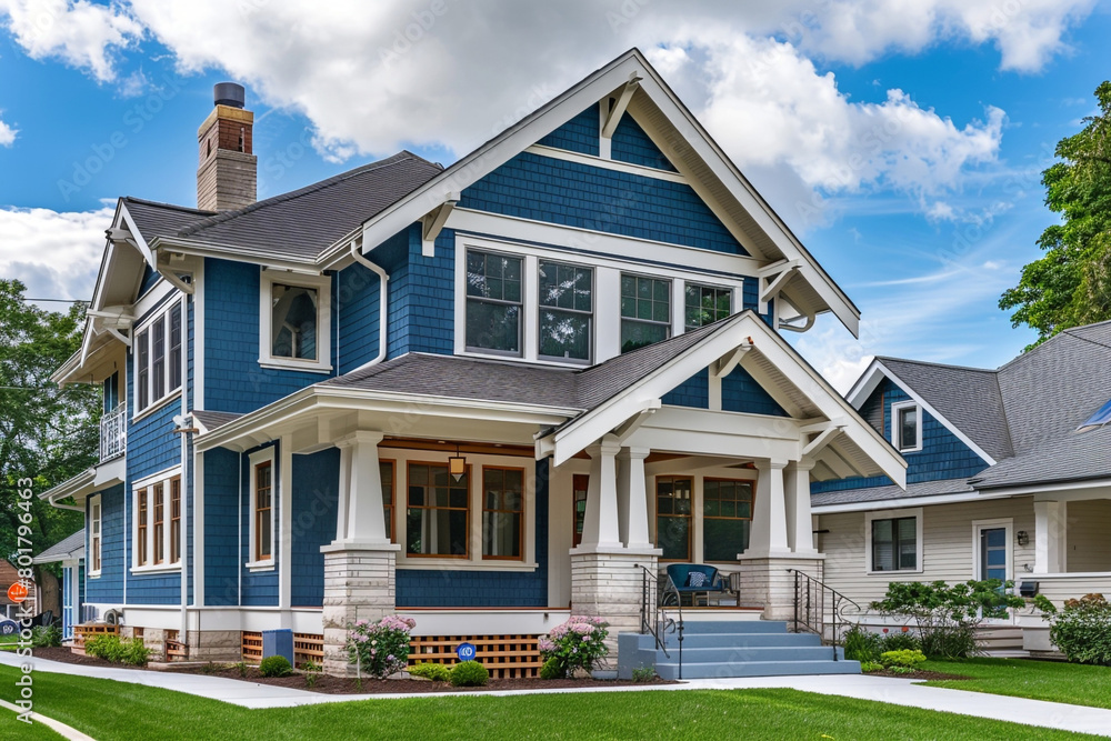 Obraz premium A two-story Craftsman home with a striking blue and white color scheme, detailed trim work, and a welcoming front porch, located in a suburban neighborhood.