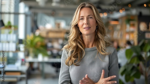 woman in modern high-tech office, talking to camera 