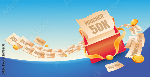 Vector gift box opens with discount code and coins fly around