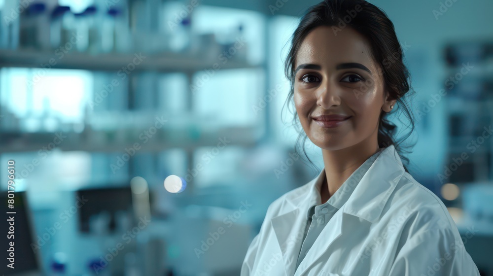 woman, wearing a lab coat, standing in a clinical lab