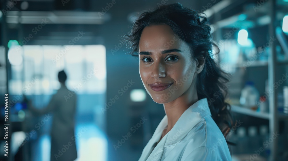 woman, wearing a lab coat, standing in a clinical lab woman, wearing a lab coat, standing in a clinical lab
