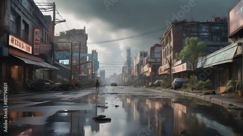Rainy, Abandoned City Street with Lone Figure in Apocalyptic Desolation © A Luna Blue