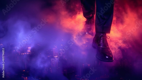 A man's dress shoe hovers mysteriously above a vibrant, neon-lit city enveloped in fog photo