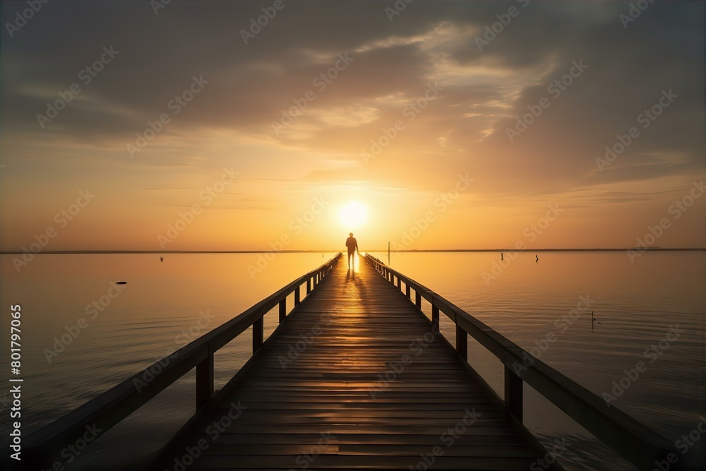 pier, lone, figure, standing, unusual, long, water, solitude, silhouette, serene, isolated, calm, tranquil, horizon, mysterious, ocean